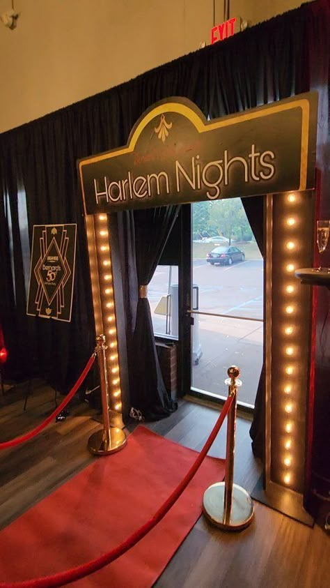 Roaring 50s Birthday Party, Harlem Nights Backdrop, Harlem Nights Party Decor, Great Gatsby Room Decor, Roaring 20s Gala Decor, Harlem Nights Decor, Harlem Nights Theme Wedding Reception, Harlem Nights Decorations, Gala Night Theme Ideas