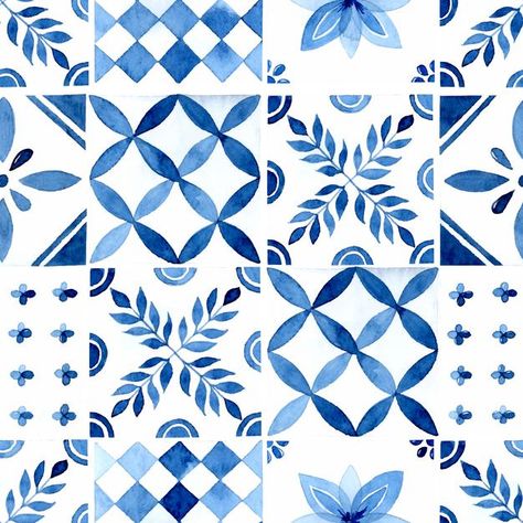 Tiles Painting Ideas Art, Blue Tile Design, Tile Painting Art, Tiles Drawing, Watercolor Tiles, Tile Illustration, Blue Pottery Designs, Blue Tile Patterns, Watercolor Pattern Design