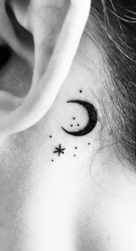 Behind Ear Tattoo Moon Stars, Moon And Stars Neck Tattoo, Witchy Ear Tattoo, Moon Phases Tattoo Behind Ear, Moon And Stars Tattoo Behind Ear, Behind The Ear Moon Tattoo, Behind Ear Tattoo Moon, Crescent Moon Tattoo Behind Ear, Star Behind The Ear Tattoo