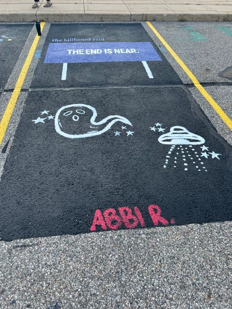 Senior Year Painted Parking Spot based on Phoebe Bridgers “I know the end” The Office Parking Spot Painting, Hs Parking Spot Ideas, Phoebe Bridgers Parking Spot, Friends Parking Spot Painting, Parking Spot Painting Junior Year, Parking Lot Painting Senior, Parking Spot Painting Junior, Painted Parking Spots, Chalking Senior Parking Spots