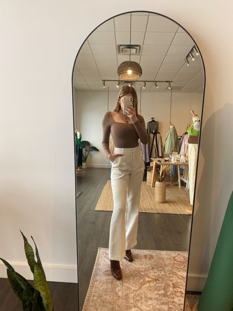 Body Suit And Trousers, Dress Pants With Bodysuit, Bodysuit Trousers Outfit, Tailored Pants Outfit Aesthetic, Light Taupe Pants Outfit, Wilfred Effortless Pants Outfit, Aritzia Long Sleeve Bodysuit, Aritzia Effortless Pant Outfit Work, Fall Outfits Aritzia