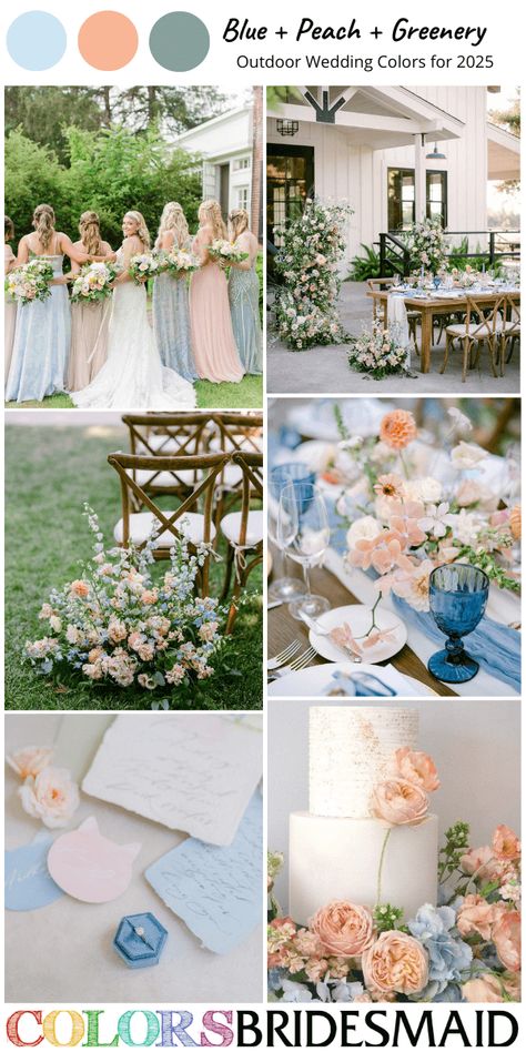 Blue, peach and greenery for outdoor wedding colors for 2025, mismatched blue and peach bridesmaid dresses, white bridal gown, blue and peach flowers and greenery of wedding aisle décor, reception centerpieces, wedding dinning table decoration, blue and peach wedding invitation suite, white wedding cake with peach and blue flowers décor. #weddingcolors #weddingideas #beachweddings #colsbm #2025 #bridesmaiddresses #bluewedding #peachweddings #bluepeachandgreenery Peach Sage And Blue Wedding, Peach Fruit Wedding, Peach Blue White Green Wedding, Pink Blue Green Wedding Colour Palettes, Sage Green Blue And Pink Wedding, Light Blue Orange Wedding, Mint Color Wedding Theme, Peach And Teal Color Palette, Dusty Blue And Peach Wedding Theme Color Palettes