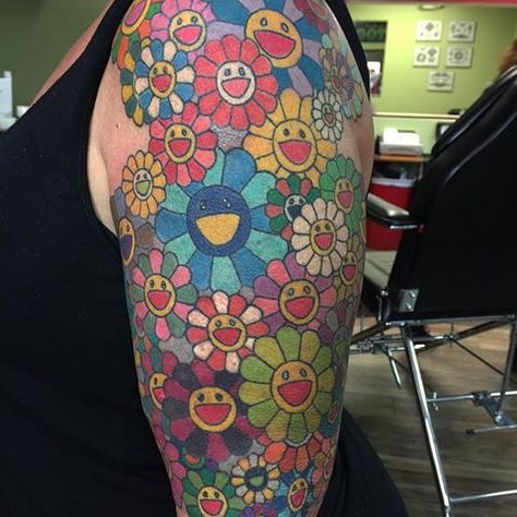 Takashi murakami inspired tattoo Takashi Murakami Tattoo Ideas, Takashi Murakami Flower Tattoo, Takashi Murakami Tattoo, Murakami Flower Tattoo, Murakami Tattoo, Fire Tattoos, Tatto Sleeve, Murakami Flower, Men's Small Tattoo