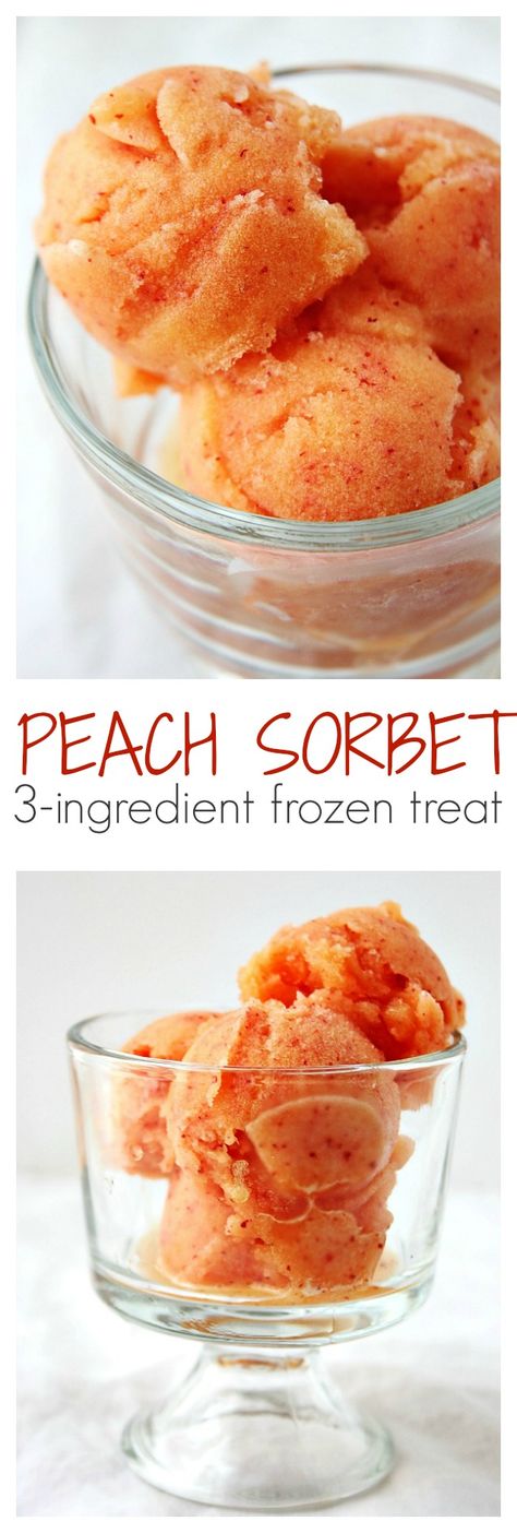 Peach Sorbet - a three-ingredient frozen sorbet that's perfect for summer! @crunchycreamysw Shaved Frozen Peaches, Granitas, Crafting Nook, Sorbet Ice Cream, Peach Sorbet, Sorbet Recipes, Cold Treats, Cold Desserts, Ice Cream Popsicles