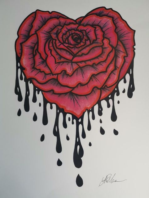 A3 Hand Drawn Rose Heart Design Print | Etsy Cute Heart Designs To Draw, Eyes With Hearts Drawing, Rose And Heart Drawing, Beautiful Heart Drawing, Heart With Roses Drawing, Red And Black Art Drawings, Heart Shaped Drawing, Gothic Heart Drawing, Dripping Heart Drawing