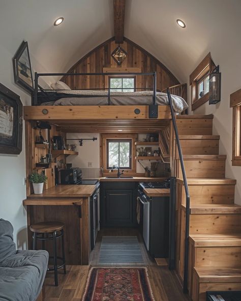 Tiny House Living 🏠 Shed House Loft, Tiny Home Western, 16x16 Tiny House With Loft, Mini Shed House Ideas, Tiny House Features, Tiny House On Wheels Interior Design, Tiny Home Rental Ideas, Tiny House Vintage Style, Micro Tiny House Interior