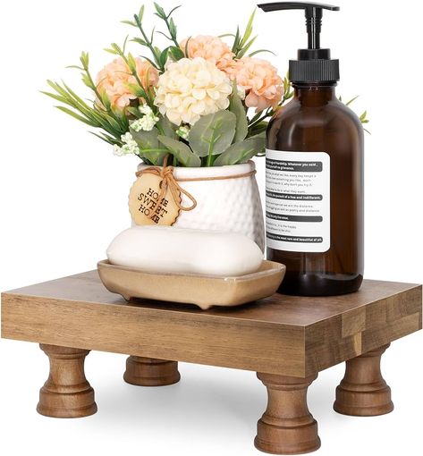 Amazon.com: EOSAHR Farmhouse Riser for Room Decor : Decorative Pedestal Stand For Display Your Home Decorations and Uniquely Soap Stand - Rustic Bathroom Counter Tray and Kitchen Decor (Natural Wood) : EOSAHR: Home & Kitchen Bathroom Riser Decor, Wash Stand Decorating Ideas, Display Fruit On Counter, Counter Top Decor Kitchen, Farmhouse Bathroom Counter Decor, Counter Top Decor, Bathroom Counter Organizer, Decorative Pedestal, Bathroom Counter Decor Ideas