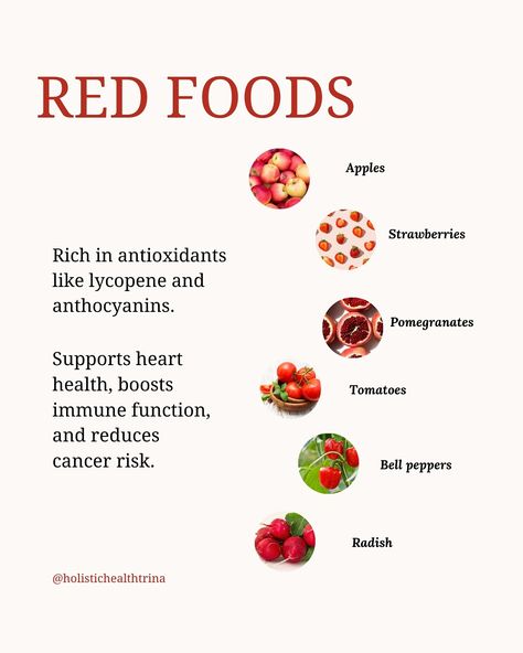 Did you know the colour of your fruits and veggies can reveal their health benefits? 🥦🍓 Adding a variety of colours to your meals isn't just for looks—it helps ensure your body gets a balanced mix of vitamins, antioxidants, and nutrients. Swipe to see how each colour contributes to your well-being. After all, food is our medicine 🌈 Save this for later to refer back to!  #holistichealth #nutritiontips #nutrientbenefits #foodtips #fruitandvegetables #healthfacts #healthyliving #healthtips ... Fruits And Their Benefits, Cookout Food, How To Eat Better, Red Food, All Food, Eating Recipes, Red Fruit, Health Facts, Heart Health