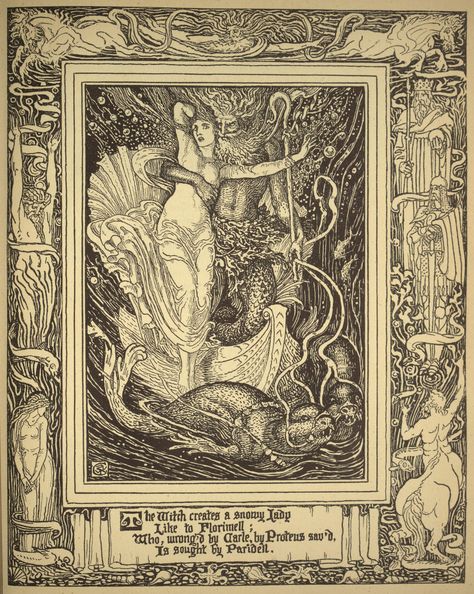 From Spenser's Faerie Queene vol. 2 ~ Walter Crane (1845-1915) Crane Illustration, History Of Literature, Faery Queen, Drawing Help, Hybrid Art, Walter Crane, Book Artwork, Fairytale Illustration, Vintage Drawing