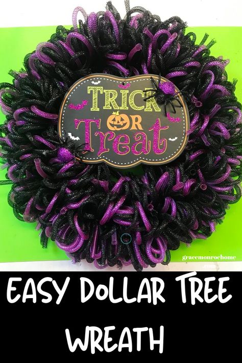 Make an easy Dollar Tree Wreath for Halloween  #fallwreath #halloween #wreath #dollartree #diy #diycrafts #decomesh #halloweendiy Mesh Tubing Wreath, Dollar Tree Halloween Wreath, Grace Monroe, Dollar Tree Wreath, Diy Deco Mesh Wreath, Mesh Ribbon Wreaths, Deco Mesh Wreaths Tutorials, Halloween Mesh Wreaths, Deco Mesh Wreaths Diy