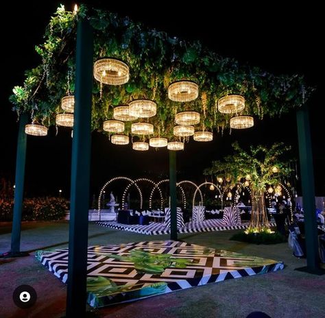 Sangeeth Stage Decor Outdoor, Sangeet Stage Outdoor, Sangeet Indoor Decoration, Green Sangeet Decor, Sangeet Dance Floor Outdoor, Sangeet Theme Ideas Outdoor, Marriage Chori Design For Night, Cocktail Stage Decor, Sangeet Theme Decor