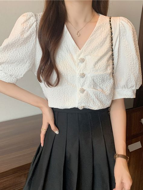 Honeyspot Button Front Puff Sleeve Textured Blouse Puff Sleeve Blouse Korean Outfit, Puff Sleeve Top Outfit Korean, White Puff Sleeve Top Outfit, Puff Sleeve Blouse Outfit, Puff Sleeve Top Outfit, White Puff Sleeve Top, College Wardrobe, Formal Top, Korean Blouse