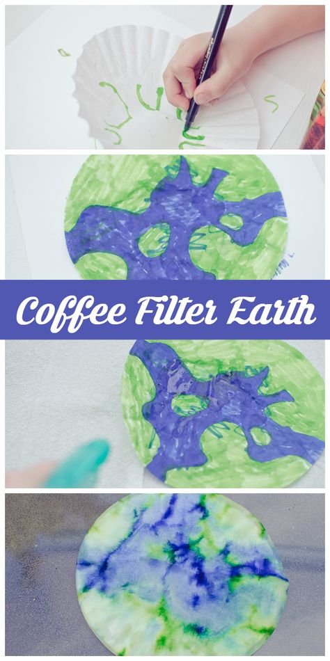 Coffee Filter Earth to Celebrate Earth Day - A Grande Life Earth Day Decorations, Recycle Preschool, Earth Quick, Kindergarten Spring, Painted Earth, Storytime Crafts, Earth Craft, Coffee Filter Crafts, Quick And Easy Crafts