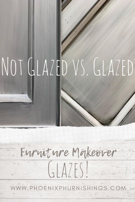 To glaze or not to glaze, that is the question after you've finished painting your piece of furniture. Do you want to add character but are a little unsure how to proceed? Check out what glazed and non glazed pieces look like side by side. Ready to glaze? Read our quick blog post for pro-tips to boost your confidence and help you achieve your DIY furniture refinishing makeover dreams! How To Make Furniture Glaze, White Cabinets With Gray Glaze, Antique Gray Paint, Glaze Vs Wax Furniture, Grey Glazed Cabinets, How To Glaze Kitchen Cabinets, Paint Glaze Furniture, Glaze Cabinets Before And After, How To Glaze Furniture