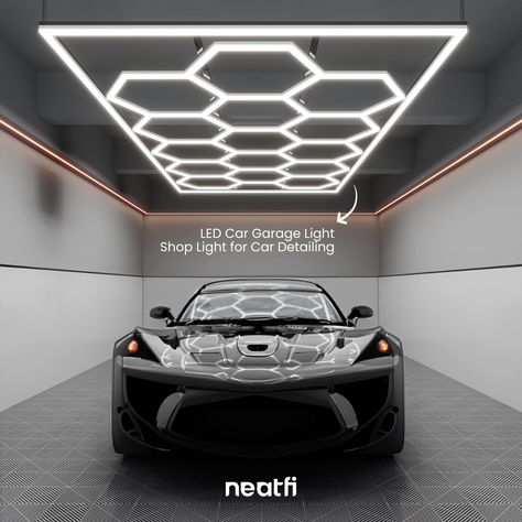 Rev up your car garage and gym with the Neatfi LED Car Garage Light! 🚗💡 ⁠ ⁠ Designed for perfection, this ceiling light is your ultimate companion for car detailing, garage projects, workshops, and gym sessions. Featuring 15 hex grids and CCT (Correlated Color Temperature) adjustability, customize your lighting for precision and productivity. ⁠ ⁠ Light up your enthusiasm with Neatfi – where excellence meets functionality. Enhance your environment now! Garage Gym Lighting Ideas, Car Detailing Garage, Gym Lighting Ideas, Hex Grid, Garage Lights, Gym Lighting, Garage Projects, Garage Design Interior, Garage Lighting