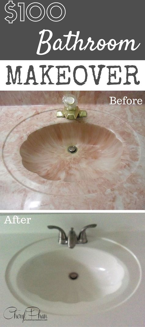 Repaint your sink! Read how $100 in paint transformed this ugly pink 80s bathroom into modern. An easy weekend DIY painting project and makeover for your home. Cheryl Phan @ ArtzyFartzy Creations Vanity Makeover, Bathroom Vanity Makeover, Painting Countertops, Home Remodeling Diy, Bathroom Counters, Up House, Apartment Bathroom, Bathroom Countertops, Décor Boho