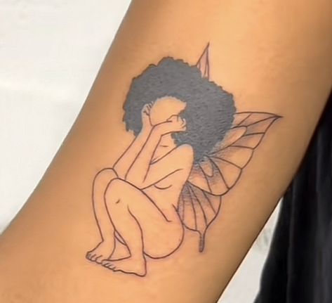 Fairy With Afro Tattoo, Black Fairy Tattoo Designs, Angel With Afro Tattoo, Earthy Girl Tattoos Black Women, Black Angel Tattoo African Americans, Afro Latina Tattoo Ideas, Afro Tatoos, Feminine Tattoos Black Women, Tattoo Of A Black Woman