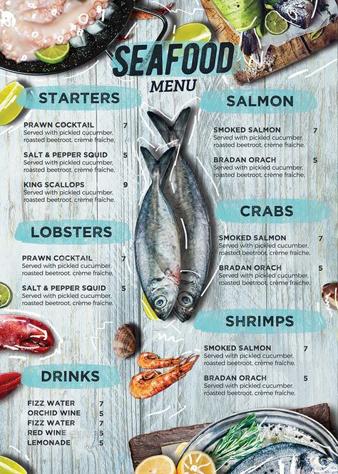 Seafood Restaurant Menu Design, Sea Food Menu Design, Seafood Menu Design, Seafood Menu Ideas, Restaurant Salmon, Lobster Menu, Restaurant Fish, Menu Sans Gluten, Resturant Design