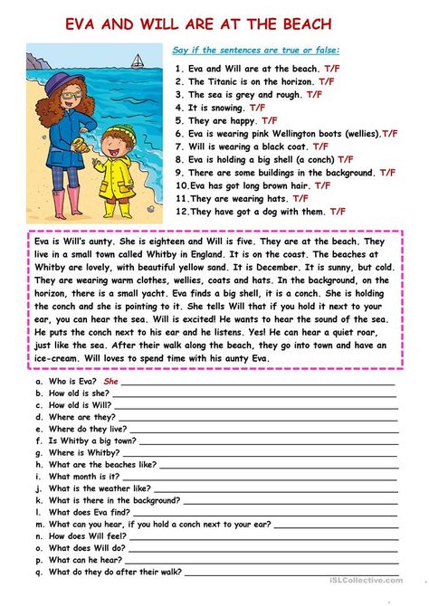 At The Beach Worksheet, At The Beach, Reading Comprehension Lessons, Star Students, Learning English For Kids, English Worksheets For Kids, Comprehension Worksheets, Comprehension Passage, English Language Teaching