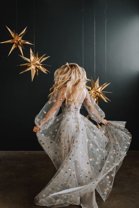 Starry Night Photoshoot, Celestial Photoshoot, Natalie Wynn, Star Wedding Dress, Celestial Wedding, Gold Stars, Fancy Dresses, Dream Dress, Future Wedding