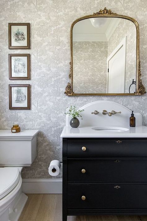 Here are my thoughts on the 2024 Interior Design Trends that will be big this year! From the perspective of a traditional vintage designer. Black Cabinets Powder Room, Moody Water Closet Ideas, Basketweave Tile Bathroom With Wallpaper, Jenna Sue Bathroom, Jenna Sue Design Bathroom, French Toile Bathroom, Black Bathroom Sink Cabinet, Antique Home Design, Bathrooms With Black Vanities