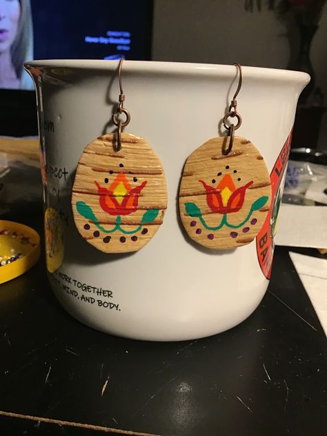 Birchbark earrings acrylic painted Hand Painted Adjustable Brown Earrings, Birch Bark Earrings Native American, Bohemian Brown Hand Painted Earrings, Birch Bark Earrings, Bohemian Hand Painted Brown Earrings, Beaded Birch Bark, Feather Crafts, Birch Bark, Wooden Projects