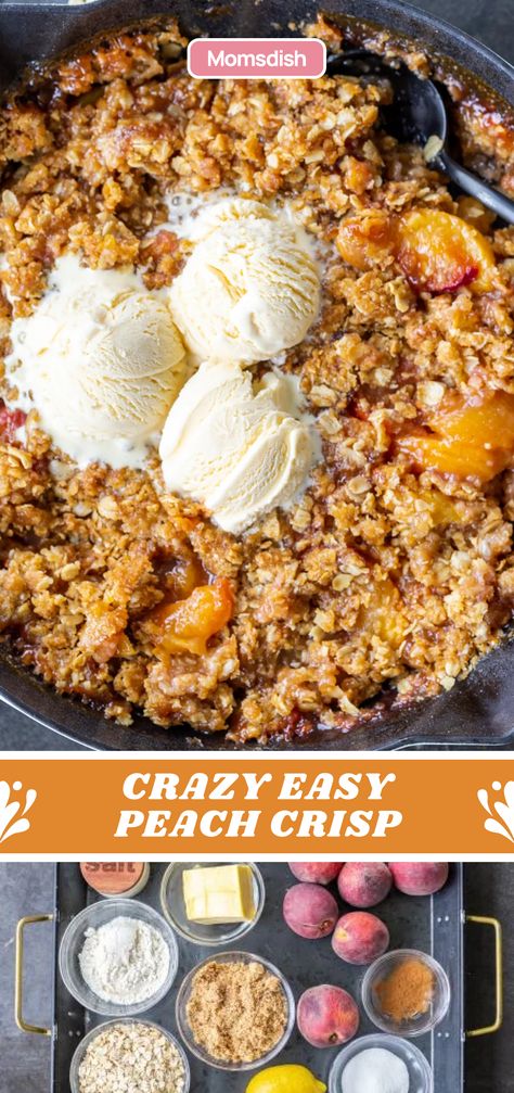 This peach crisp recipe only takes 10 mins of prep time. Made with juicy freestone peaches & a oat crumble topping, it’s perfect for breakfast or dessert! Peach And Plum Crisp, Peach Crisp Recipe With Fresh Peaches, Peach Plum Crisp, Peach Cobbler With Oatmeal Topping, White Peach Crisp, Peach Crumble With Oats, Best Peach Crisp With Fresh Peaches, Peaches With Oat Crumble, Best Peach Crumble Recipe