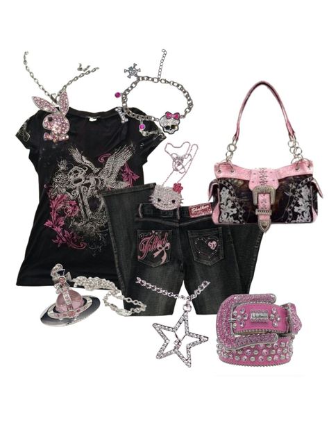 Y2k Fashion Hello Kitty, Y2k Outfit Inspo Board, Rock Of Love Outfits, Kitty Style, Monster Outfit Ideas, Y2k Juicy Couture Aesthetic, Y2k Monster High, Pink Bb Belt Outfit, Mcbling Trashy Y2k