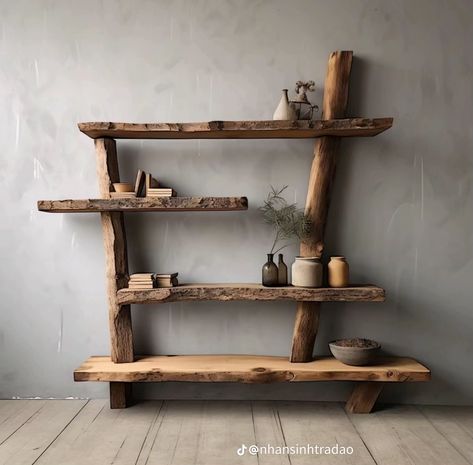 Raw Wood Shelves, Boho Bookcase, Reclaimed Shelves, Live Edge Wood Furniture, Fish Tank Stand, Reclaimed Wood Shelves, Living Room Decor Inspiration, Storage Table, Wooden Shelf