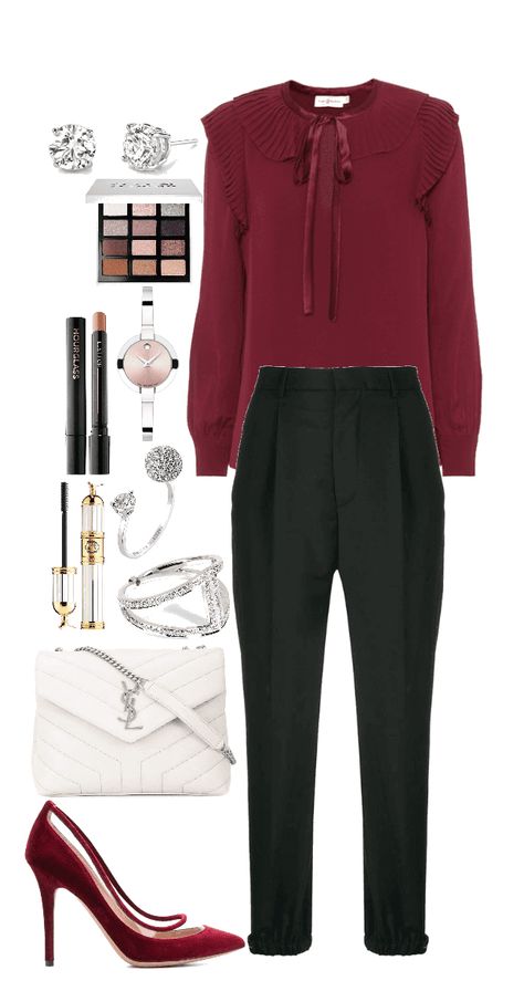 Burgundy classic work outfit Burgundy Color Combos Outfit, Burgundy Top Outfit Work, Burgundy Blouse Outfit, Burgundy Shirt Outfit, Burgundy Outfits, Winter Outfits Polyvore, Thanksgiving Fit, Outfit Trabajo, Classic Work Outfits