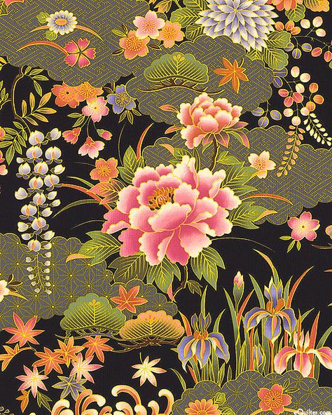 Peony Flower Fields - Black Asian Flower Painting, Japanese Flower Painting, Japanese Flower Art, Japanese Flower Pattern, Japanese Floral Design, Peony Illustration, Japanese Motifs, Asian Flowers, Japanese Art Prints