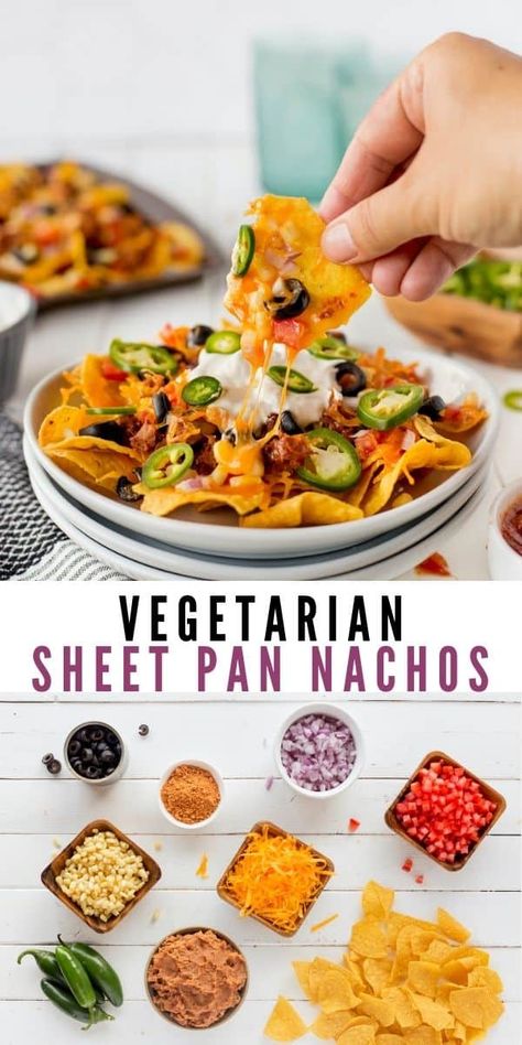 Vegetarian Nachos are a great way to get all those flavors you love without all the meat. This is a perfect recipe for meatless Mondays or taco Tuesdays! Nachos Without Meat, Nachos Recipe No Meat, Cheap Healthy Mexican Meals, Vegetarian Taco Night, Easy Nachos Recipe Simple No Meat, Meatless Mexican Meals, Plant Slant Recipes, Veg Nachos Recipe, Meatless Mondays Recipes