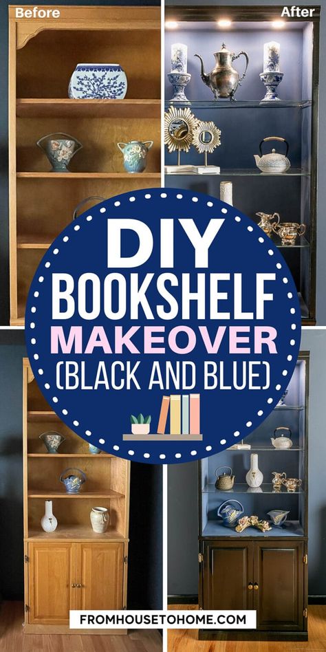 If you have a boring bookshelf that needs an update, this glam bookcase makeover may be just what you're looking for. With glossy black paint that looks like lacquer, glass shelves and shelf lighting, you won't believe the difference between the "before" and "after". Glam Bookcase, Painting Shelves Ideas, Painted Bookcases, Blue Bookshelf, Blue Bookshelves, Painted Bookcase, Furniture Makeover Ideas, Blue Home Offices, Glass Shelf Supports