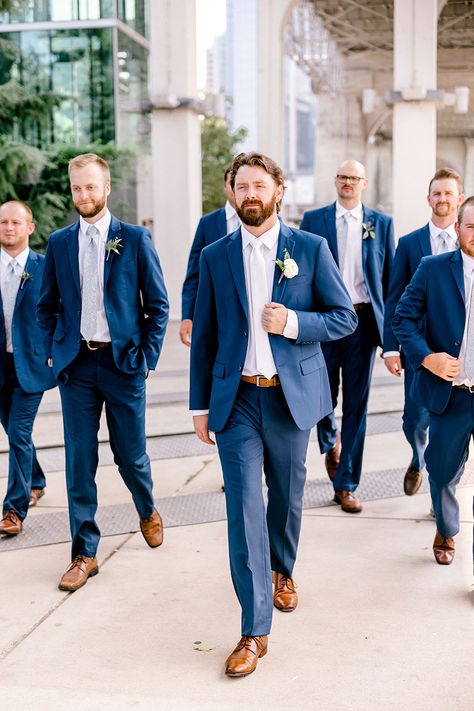 Groomsmen Ties Navy Suit, Men's Blue Suits Wedding, Deep Blue Suits For Men, Blue Suits Wedding Groomsmen, Light Navy Groomsmen Suits, Medium Blue Groomsmen Suits, Groomens Attire Navy Blue Suits, Coastal Wedding Groomsmen, Blue Suit No Tie Wedding