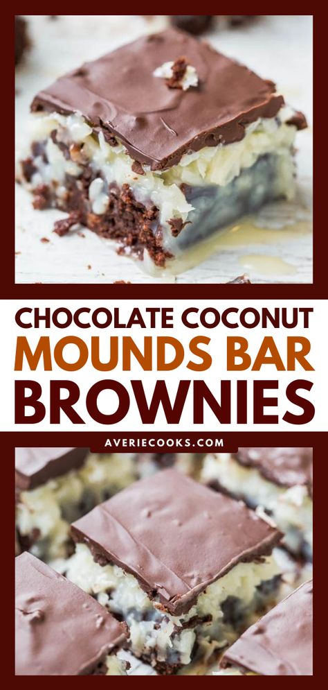 Mounds Bar Brownies (aka Chocolate Coconut Brownies!) - Averie Cooks Mounds Bars Recipe, Chocolate Coconut Brownies, Mounds Bars, Mounds Candy, Easy Impressive Dessert, Mounds Bar, Coconut Brownies, Coconut Chocolate Bars, Averie Cooks