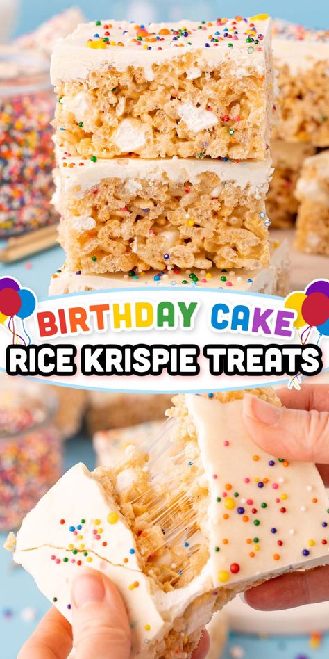 These Birthday Cake Rice Krispie Treats transform the childhood favorite into a birthday cake-flavored celebration with every bite! Prep a batch of two dozen tasty treats in just 10 minutes! Birthday Party Rice Krispie Treats, Easy Birthday Treats For Adults, Roblox Rice Krispie Treats, Birthday Rice Krispie Treats, Rice Krispie Treats Birthday, Rice Krispies Cake, Easy Birthday Treats, Popcorn Rice, Rice Crispy Cake