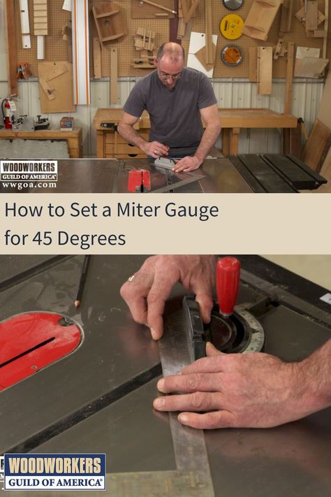 Setting the miter gauge on your table saw to a perfect 45-degrees can be very challenging. And, if you’re planning on making picture frames, being just a tiny bit off will be a deal breaker. But here’s great news. You’ve probably already got a tool in your shop that will give you the precision you need to set your miter gauge perfectly, allowing you to get an exact 45-degree cut. Miter Jig For Table Saw, Tapering Jig For Table Saw, Kreg Cabinet Hardware Jig, Diy Wall Cabinet, Table Saw Miter Gauge, Kitchen Hacks Cooking, Miter Saw Reviews, Picture Frame Table, Woodworking Jigsaw