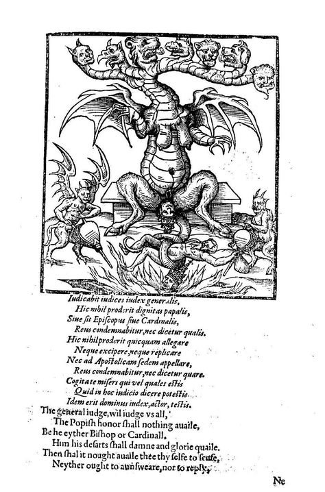 the 7-headed Beast of Revelation gives birth to the Papacy, etc. Woodcut illustration to Stephen Bateman, "The doome warning all men to the judgemente" (1581), a trans. of Lycosthenes, "De prodigiorum ac ostentorum chronicon" (Basel, 1557), though this image is not present there -- cf. next Bestiary Book, Bestiary Medieval, Leviathan Monster Bible, Theistic Satanism, Beast Of Revelation, Medieval Bestiary Illustrations, Woodcut Illustration, End Of Days, The Kingdom Of God