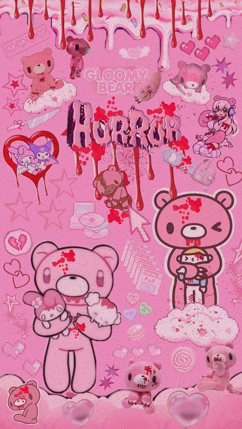 #gloomybear #gloomy #gorecute #pink #pixel #bear #creepycute #gloomycoquette #mymelody Scene Core Wallpaper, Creepy Pink Aesthetic, Yami Kawaii Art, Creepy Cute Aesthetic, Y2k Background, Gloomy Bear, Emo Wallpaper, Band Wallpapers, Yami Kawaii