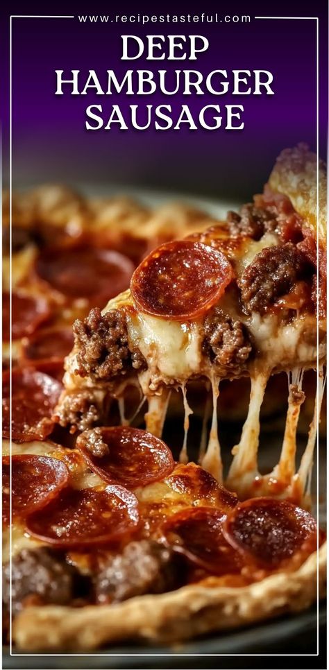 This Deep Hamburger Sausage & Pepperoni Pie is every pizza lover’s dream! A hearty, savory pie stuffed with ground beef, Italian sausage, pepperoni, and gooey cheese, all topped with a buttery, golden crust. Whether you’re hosting a pizza night or just craving something indulgent, this deep-dish pie is sure to impress. It combines all your favorite pizza toppings in a deliciously satisfying way Ground Beef For Pizza Topping, Ground Beef Pizza Recipes, Hamburger Sausage Recipes, Pie Crust Pizza, Hamburger Pie, Pizza Pot Pie, Sausage Pie, Beef Pizza, Deep Dish Pizza Recipe