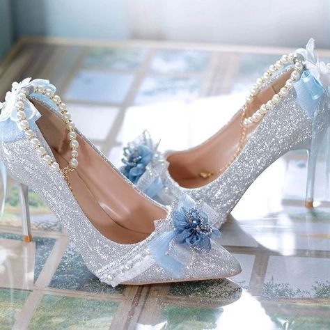 #pumps #sandals #heels Quinceañera Heels, Blue Flower Heels, Blue Heels Wedding, Heels Flower, Light Blue Heels, Flower Wedding Shoes, Quinceanera Theme, Whimsical Shoes, Blue Quinceanera