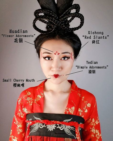 Xiran Jay Zhao on Instagram: “Introduction to some makeup elements iconic to #Mulan's time! (Northern and Southern Dynasties + Sui and Tang Dynasties, ~400-900 CE).…” Tang Dynasty Makeup, Xiran Jay Zhao, Geisha Makeup, Monolid Makeup, Red Eyeliner, Chinese Makeup, Makeup Portfolio, Some Makeup, Japanese Makeup