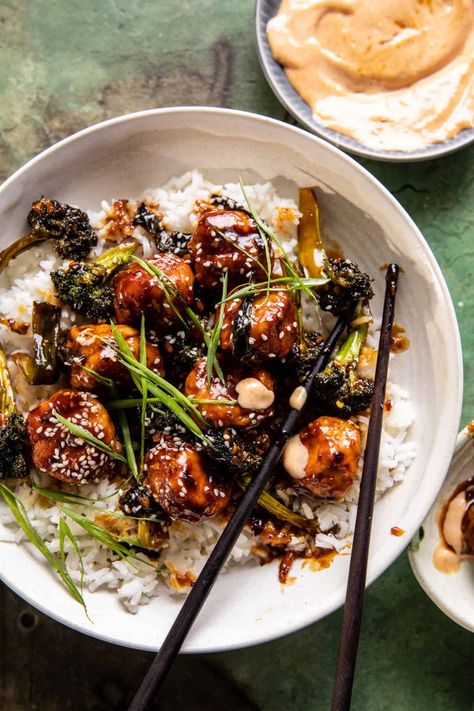 Weeknight Sticky Honey Garlic Meatballs | halfbakedharvest.com Sticky Thai Meatballs, Sticky Honey Garlic Meatballs, Orange Chicken And Broccoli, Bowl Dinners, Meal Bowls, Honey Garlic Meatballs, Garlic Meatballs, Half Baked Harvest Recipes, Mongolian Beef Recipes