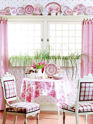 Pretty dishes, and I love the grassy window box. This is an adorable shabby chic breakfast nook! Pink And White Decor, Shabby Chic Decorating, Pink Curtains, Plate Display, Everything Pink, White Decor, Shabby Chic Decor, Cottage Decor, Decor Kitchen