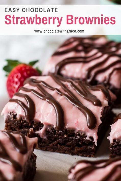 Brownies With Strawberry Frosting, Strawberry Chocolate Brownies, Strawberry Brownies From Scratch, Brownie With Frosting, Brownies With Strawberries, Brownie Flavors, Strawberry Brownies Recipe, Brownies With Frosting, Frosted Brownies