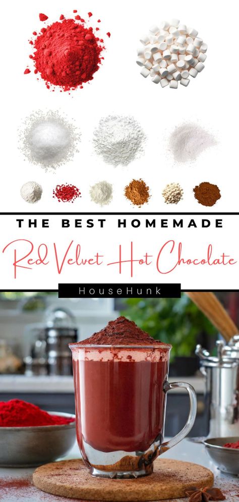 Dive into a world of decadence with our Red Velvet Hot Chocolate Mix! Rich cocoa infused with the flavors of red velvet cake, topped with marshmallows and white chocolate chips. Perfect for cozy nights in or holiday gatherings! Hot Chocolate Drink Aesthetic, Red Velvet Iced Coffee, Red Velvet Shake, Iced Hot Chocolate Recipe, Hot Chocolate With Cream, Red Velvet Hot Chocolate, Hot Cocoa Mix Recipe, Hot Chocolate Mix Recipe, Red Velvet Cake Mix