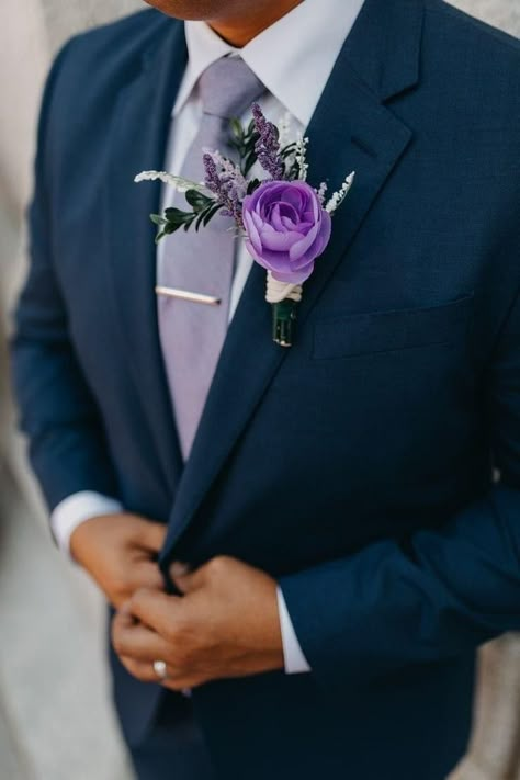 Navy Blue Tux With Purple Tie, Electric Purple Wedding, Groom Lilac Wedding, Navy Suit With Lilac Tie, Lilac Mens Wedding Attire, Tangled Wedding Theme Grooms, Navy And Lavender Wedding Colors, Navy Blue Tux With Lavender, Navy Suit Lavender Tie