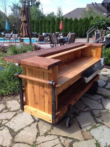 Custom outdoor bar cart done by Wood Street Cabinet Outdoor Carts On Wheels, Portable Bars On Wheels, Outdoor Bar On Wheels, Diy Bar On Wheels, Diy Portable Bar, Moveable Bar, Portable Bar Ideas, Portable Outdoor Bar, Diy Grill Table