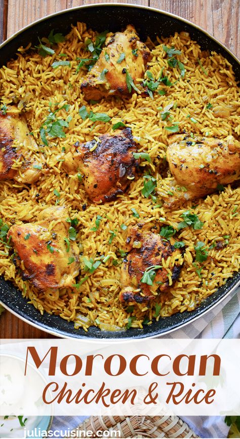 Moroccan Chicken & Rice Chicken Moroccan Recipes, North African Chicken And Rice, Tagine Chicken Recipes, Something Different For Dinner Ideas Chicken, Moracan Chicken Recipes, Moroccan Crockpot Recipes, Creative Chicken Dinners, International Rice Dishes, Moroccan Main Dish