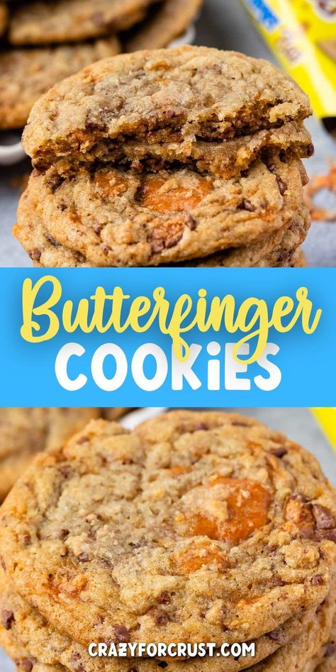 Butterfinger Cookies are soft and chewy, with bits of Butterfingers in every bite! This easy cookie recipe is better than the original Butterfinger cookie recipe. Flutterbutter Cookies, Butterfinger Chips Recipes, Cookies With Butterfinger Bits, Peanut Butter Butterfinger Cookies, Butterfinger Bits Cookies, Butter Finger Cookies Recipe, Butterfinger Cookies Recipe, Butterfingers Cookies, Butterfinger Balls Recipe